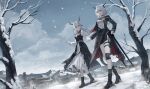  2girls aiguillette alina_(arknights) animal_ears antlers arknights ascot bangs bare_tree black_coat black_dress black_footwear boots breasts building cloud coat dress epaulettes grey_eyes grey_hair hair_intakes high_heel_boots high_heels highres holding_hands horns knee_pads long_hair long_sleeves looking_at_another mountainous_horizon multiple_girls outdoors pouch sash sheath sheathed shirt short_hair single_knee_pad small_breasts smile snow sword tail talulah_(arknights) talulah_the_fighter_(arknights) thigh_strap tree wading walking weapon white_shirt xukong 