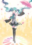  1girl absurdres arm_up bangs blue_eyes blue_hair blush boots collared_shirt detached_sleeves floating_hair flower hair_flower hair_ornament hatsune_miku heart highres holding holding_umbrella long_hair long_sleeves melt_(vocaloid) melting nagitofuu necktie open_mouth pleated_skirt rainbow_gradient shirt skirt sleeveless sleeveless_shirt smile solo thigh_boots twintails umbrella very_long_hair vocaloid 