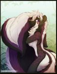  breasts butt female hi_res huge_tail kikimochan mammal markings mephitid pink_eyes skunk solo spots spotted_markings tail_hug under_boob 