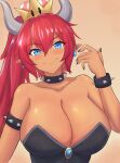  1girl armlet bare_shoulders black_nails blue_eyes blush bowsette bracelet breasts cleavage closed_mouth collarbone crown dark-skinned_female dark_skin earrings fang fang_out head_tilt highres horns jewelry kurofuro large_breasts looking_at_viewer mario_(series) nail_polish new_super_mario_bros._u_deluxe pointy_ears ponytail red_hair smile solo spiked_armlet spiked_bracelet spikes super_crown upper_body 