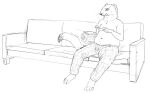  2019 anthro bottomwear bucket cettus clothed clothing container cutlery dessert eating ermine_(cettus) food furniture holding_object ice_cream kitchen_utensils male mammal mustela mustelid musteline pants sitting sketch slightly_chubby sofa solo spoon stoat tools topless true_musteline 