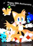  2boys :d anniversary black_eyes blue_eyes box chao_(sonic) dual_persona fang floating fox_boy furry furry_male gift gift_box gloves happy_birthday highres kuwa_kanou male_focus multiple_boys multiple_tails shoes smile snout sonic_(series) tail tails_(sonic) two_tails white_gloves 