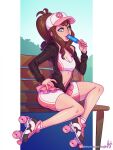  1girl antenna_hair bangs baseball_cap bench blue_eyes breasts brown_hair brown_thighhighs cleavage commission day eating eyelashes food hand_up hat high_ponytail hilda_(pokemon) holding holding_stick jacket kajin_(kajinman) long_hair midriff miniskirt navel open_clothes open_jacket outdoors pink_skirt pokemon pokemon_(game) pokemon_bw popsicle roller_skates shiny shiny_skin short_shorts shorts shorts_under_skirt sidelocks sitting skates skirt solo stick thighhighs two-tone_headwear two-tone_shorts zipper 