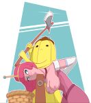  abstract_background adventure_time axe banana_guard basket big_breasts blush breasts cartoon_network chopping_block clothing container crown dress duo execution executioner female food_hair hair hands_tied_behind_back hi_res humanoid imminent_death jewelry male melee_weapon necklace not_furry pink_body pink_hair princess princess_bubblegum royalty unknown_artist weapon yellow_body 