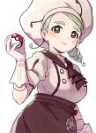  1girl apron beret breasts brown_apron brown_jabot buttons chef_uniform closed_mouth double-breasted gloves green_eyes hand_up hat highres holding holding_poke_ball iczdb jabot katy_(pokemon) large_breasts light_green_hair looking_at_viewer mole mole_on_cheek pink_lips poke_ball poke_ball_(basic) pokemon pokemon_(game) pokemon_sv puffy_short_sleeves puffy_sleeves short_hair short_sleeves side_ponytail simple_background smile solo spider_web_print split_mouth thick_eyebrows waist_apron white_background white_gloves white_headwear 