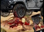  anthro blood bodily_fluids car gore jeep jeffusherb lizard male reptile scalie solo vehicle 