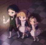  1boy 2girls apron bangs black_hair blonde_hair blue_bow blue_dress blue_eyes blunt_bangs blush bow checkered_floor chibi closed_mouth dress emilico_(shadows_house) full_body green_jacket hair_bow highres holding holding_hands indoors jacket lantern long_hair looking_to_the_side mametarou_(mameji) multiple_girls pants ram_(shadows_house) red_eyes shadows_house shaun_(shadows_house) shirt shoes short_hair two_side_up walking white_apron white_shirt 