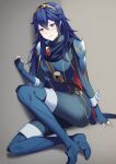  1girl ameno_(a_meno0) armor bangs belt blue_eyes blue_gloves blue_hair blue_pants blue_shirt brown_belt crossed_bangs fingerless_gloves fire_emblem fire_emblem_awakening full_body gloves gold_hairband grey_background long_hair looking_at_viewer lucina_(fire_emblem) pants parted_lips shirt shoulder_armor sitting solo thighs tiara wavy_hair 