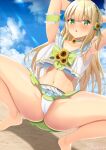  1girl :o absurdres armpits arms_behind_head arms_up bangs barefoot beach bikini bikini_skirt blonde_hair blue_sailor_collar blue_sky blunt_bangs blush braid breasts cameltoe choker cloud collarbone commentary_request crotch day flower green_eyes hair_up highres ichinose_rei idoly_pride large_breasts lens_flare long_hair looking_at_viewer navel open_mouth outdoors pinesphere pleated_skirt sailor_bikini sailor_collar sand skirt sky solo spread_legs squatting sunflower swimsuit white_bikini 
