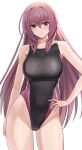  1girl absurdres bangs bare_shoulders black_one-piece_swimsuit blush breasts collarbone competition_swimsuit fate/grand_order fate_(series) hair_between_eyes highleg highleg_swimsuit highres higofushi large_breasts long_hair looking_at_viewer one-piece_swimsuit purple_hair purple_one-piece_swimsuit red_eyes scathach_(fate) simple_background solo swimsuit thighs two-tone_swimsuit white_background 