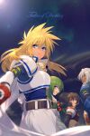  2girls armor belt black_hair blonde_hair breasts cape dark_skin echo_(circa) green_hair headband long_hair midriff multiple_boys multiple_girls open_mouth philia_felice rutee_katrea short_hair stahn_aileron star_(sky) tales_of_(series) tales_of_destiny very_short_hair white_hair woodrow_kelvin 