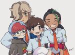  2boys 2girls arven_(pokemon) blue_hair blue_vest blush breast_pocket brown_eyes brown_hair closed_mouth commentary_request eyelashes facing_viewer florian_(pokemon) freckles frown glasses gloves green_eyes grey_eyes grin highres hood hoodie konoooc looking_at_viewer multicolored_hair multiple_boys multiple_girls necktie nemona_(pokemon) orange_necktie penny_(pokemon) pocket poke_ball_print pokemon pokemon_(game) pokemon_sv red_hair round_eyewear shirt smile sweatdrop teeth two-tone_hair vest 