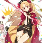  1boy 2girls animal_ear_fluff animal_ears asymmetrical_legwear asymmetrical_sleeves bangs black_leotard black_thighhighs blonde_hair blush brown_hair cape closed_eyes commentary_request confetti diamond_hairband dress earrings ereshkigal_(fate) fate/grand_order fate_(series) floating_hair fur-trimmed_cape fur_trim gold_trim hair_ribbon hat holding holding_weapon hood hood_down hooded_cape jewelry kabutomushi_s koyanskaya_(assassin)_(third_ascension)_(fate) koyanskaya_(fate) leotard long_hair long_sleeves looking_at_viewer meslamtaea_(weapon) multiple_girls oberon_(fate) oberon_(third_ascension)_(fate) open_mouth parted_bangs pink_hair rabbit_ears red_cape red_eyes red_ribbon ribbon short_hair single_sleeve single_thighhigh skull smile spine tamamo_(fate) thighhighs tiara two-tone_cape two_side_up uneven_legwear uneven_sleeves very_long_hair weapon white_background white_dress white_headwear yellow_cape 