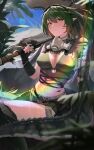  1girl absurdres arknights bangs black_gloves blurry blurry_foreground blush breasts cape chinese_commentary choker closed_mouth crocodilian_tail crop_top elbow_gloves feng_zhe_(user_jnxf3524) fingerless_gloves gavial_(arknights) gavial_the_invincible_(arknights) gloves goggles goggles_on_head green_hair green_shorts highres holding holding_weapon jewelry lens_flare lips long_hair looking_at_viewer medium_breasts navel necklace oripathy_lesion_(arknights) plant pointy_ears pouch respirator shorts sidelocks sitting solo tail torn_clothes weapon yellow_eyes 