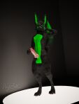  3d_(artwork) absurd_res anonymous_artist balls belly big_balls big_butt big_knot big_penis black_body black_fur black_tail black_whiskers butt canid canine canis digital_media_(artwork) dominant dominant_male fur fur_markings genitals green_balls green_belly green_body green_ears green_eyes green_fur green_nose green_sheath green_tail green_tail_tip green_whiskers hi_res knot male mammal markings paw_on_penis pawpads paws penis pinup pose posing_for_picture rexouium simple_background simple_markings solo solo_focus standing thick_thighs wade_black were werecanid werecanine werewolf wolf 