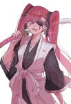  1girl bleach bleach:_the_thousand-year_blood_war blood commentary_request eyepatch hara_hikaru japanese_clothes katana long_hair looking_at_viewer over_shoulder saitou_furoufushi shinigami solo sword sword_over_shoulder tongue tongue_out twintails twitter_username v-shaped_eyebrows watermark weapon weapon_over_shoulder white_background 