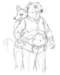  2019 anthro belly_grab belt blush bottomwear canid canine cettus clothing dress_shirt duo embarrassed ermine_(cettus) exposed_belly fox looking_down male male/male mammal mustela mustelid musteline overweight overweight_anthro overweight_male pants pudgy_belly shirt sketch standing stoat teasing topwear true_musteline 