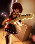  absurdres black_skirt boots brown_hair concert dark_skin dragonostic genshin_impact guitar highres instrument music pantyhose rock skirt thigh_boots xinyan_(genshin_impact) 