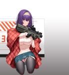  1girl :3 absurdres ass breasts cosplay gloves goddess_of_victory:_nikke gun half_gloves hie_(hiememiko) hiememiko highres holding holding_gun holding_weapon idolmaster idolmaster_cinderella_girls long_hair purple_eyes purple_hair sagisawa_fumika sagisawa_fumika_(cosplay) short_eyebrows smile solo weapon 