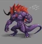  absurd_res anthro claws digitigrade galian_beast hair hi_res horn male muscular muscular_male pecs red_hair solo teeth wolftapioca 