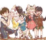  &gt;_&lt; 1boy 4girls adelie_penguin_(kemono_friends) aged_down alternate_costume animal_ears animal_print anteater_ears anteater_tail bandaid bandaid_on_face black_footwear black_hair black_jacket blonde_hair blowhole blue_eyes blue_hair blue_pants blue_shirt blush bow brown_hair captain_(kemono_friends) casual cat_ears cat_girl cat_print cat_tail cetacean_tail child closed_eyes common_dolphin_(kemono_friends) dirt dirty dirty_clothes dirty_face dolphin_girl dorsal_fin dress extra_ears geoffroy&#039;s_cat_(kemono_friends) green_shorts grey_shorts grey_sweater hair_bow jacket kemono_friends maki_(02uh14l1b740ao2) mud multicolored_hair multiple_girls official_alternate_costume open_clothes open_jacket overalls pants penguin_girl red_dress red_eyes sailor_collar sandals shirt short_hair short_sleeves shorts sleeves_rolled_up southern_tamandua_(kemono_friends) sweater t-shirt tail twintails white_hair wiping_face yellow_shirt 