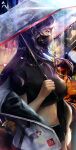  1girl absurdres bangs blue_eyes blurry blurry_background breasts cindy_(cindyart) city from_side highres holding holding_umbrella jacket large_breasts long_hair mask midriff mouth_mask navel night off_shoulder open_clothes open_jacket original purple_hair rain solo umbrella 