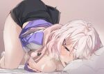  1girl bangs bed black_shorts blush breast_press breasts brown_background character_request copyright_request female_masturbation fingering hair_ornament hairclip half-closed_eyes heart heart-shaped_pupils highres jacket large_breasts long_sleeves masturbation nose on_bed open_mouth pillow pink_hair purple_jacket pussy_juice saliva short_hair shorts socks solo symbol-shaped_pupils tearing_up tears top-down_bottom-up uno_ryoku white_socks 