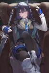  1girl absurdres animal_ears arknights armchair bangs black_hair black_jacket black_pantyhose black_vest blue_gloves blue_necktie blue_shorts blurry blush boots breasts chair chinese_commentary collared_shirt depth_of_field ear_piercing feng_zhe_(user_jnxf3524) fingerless_gloves food gloves highres holding holding_sword holding_weapon jacket jacket_on_shoulders knee_up lips long_sleeves looking_at_viewer medium_breasts mouth_hold necktie pantyhose piercing pink_eyes pocky shirt shorts sitting smile solo sword texas_(arknights) texas_the_omertosa_(arknights) vest weapon white_footwear white_shirt wolf_ears 