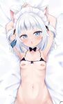  1girl :o animal_ear_fluff animal_ears armpits bandaid bandaids_on_nipples bangs bikini bikini_top_only black_bikini black_bow black_bowtie blue_eyes blue_nails blunt_bangs blush bow bowtie cat_ears cocozasa collarbone commentary_request covered_nipples extra_ears frown gawr_gura grey_hair hands_up highres hololive hololive_english looking_at_viewer lying maid_headdress multicolored_hair navel nude on_back on_bed open_mouth pasties short_hair sidelocks solo streaked_hair swimsuit upper_body virtual_youtuber 