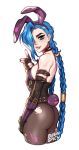  1girl animal_ears asymmetrical_bangs bangs bare_shoulders blue_hair blushyspicy braid breasts commentary fake_animal_ears fake_tail fingerless_gloves gloves jinx_(league_of_legends) league_of_legends leotard long_hair looking_at_viewer pantyhose playboy_bunny rabbit_ears rabbit_tail smile solo strapless strapless_leotard tail tongue tongue_out twin_braids twintails 