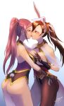  2girls after_kiss animal_ears ass ass_grab asymmetrical_docking bangs bare_hips bare_shoulders blush bottomless braid braided_ponytail breast_grab breast_press breasts breasts_out brown_eyes brown_hair cleavage commission commissioner_upload detached_collar earrings fire_emblem fire_emblem_fates fire_emblem_heroes french_kiss gloves grabbing hair_ornament hair_over_one_eye holding jewelry juunishi_aya kagero_(fire_emblem) kiss large_breasts lips loki_(fire_emblem) long_hair mature_female multiple_girls ninja non-web_source official_alternate_costume open_mouth pantyhose pixiv_request playboy_bunny ponytail purple_eyes purple_hair rabbit_ears rabbit_tail ribbon rubber_gloves simple_background smile staring tail tassel thighhighs tongue tongue_out white_ribbon yuri 