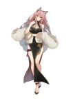  1girl absurdres animal_ears bare_shoulders bracelet breasts china_dress chinese_clothes cleavage commentary_request dress finger_to_own_chin full_body fur_shawl girls&#039;_frontline girls&#039;_frontline_neural_cloud highres jewelry legs long_hair looking_at_viewer persicaria_(girls&#039;_frontline_nc) pink_eyes pink_hair shawl shoes simple_background smile solo white_background xianyu_liang 