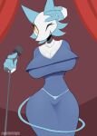  anthro big_breasts breasts cleavage clothed clothing cooliehigh deltarune disembodied_hand dress eyelashes felid feline female fully_clothed hi_res machine mammal microphone microphone_stand one_eye_closed robot small_waist solo standing tasque_manager undertale_(series) video_games white_body wide_hips yellow_eyes 