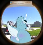  anthro big_butt blue_body blue_fur blush butt camera_view carpet_(woolymom) fluffy fur girly karnii lutrine male mammal meme mustelid otterlike river_otter size_difference smaller_male solo surprised_expression thick_thighs 