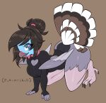  &lt;3 &lt;3_eyes accessory anthro avian beak bird bottomless clothed clothing collar feathers female galliform hair hair_accessory hair_bun hair_tie hi_res partially_clothed phasianid pukemilked smile solo spiked_collar spikes turkey wings 
