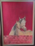  acrylic_painting_(artwork) ambiguous_gender brick_wall duo equid equine hi_res horse lied_etal looking_at_viewer mammal painting_(artwork) red_background simple_background traditional_media_(artwork) wall_(structure) 