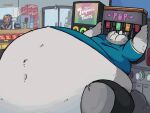  2020 4:3 animated anthro belly belly_expansion belly_inflation beverage big_belly big_cheeks black_bottomwear black_clothing black_shorts bloated blonde_hair blue_clothing blue_shirt blue_t-shirt blue_topwear bottomwear brown_body brown_fur canid canine canis chugging clothing drinking duo english_text expansion exposed_belly fur gas_station grey_body grey_fur grey_tail hair hat headgear headwear huge_cheeks hyper hyper_belly inflation inside looking_at_another loop male mammal midriff navel obese obese_anthro obese_male overweight overweight_anthro overweight_male plushclover shirt short_playtime shorts sitting soda soda_fountain solo_focus swallowing t-shirt text topwear weight_gain wolf 