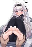  1girl 1other bangs barefoot black_gloves black_pants blue_archive blush chair chinese_commentary commentary_request disembodied_limb eluthel feet flower foot_focus foreshortening full_body gloves grey_hair hair_flower hair_ornament hairband halo hand_up highres himari_(blue_archive) holding knees_up legs_together long_sleeves looking_at_viewer nail_polish off_shoulder open_mouth pants pink_nails pointy_ears purple_eyes shiny shiny_hair sidelocks simple_background sitting soles sweatdrop toenail_polish toenails toes twitter_username white_background 