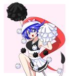  1girl alternate_costume black_shirt blue_eyes blue_hair bow cheerleader doremy_sweet hat highres holding holding_pom_poms looking_at_viewer navel nightcap open_mouth pink_bow pom_pom_(cheerleading) pom_pom_(clothes) red_headwear shirt short_hair simple_background skirt solo tail tapir_tail touhou white_background white_skirt zenji029 