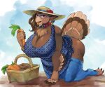  anthro avian basket beak big_breasts bird breasts brown_body brown_feathers carrot cleavage clothed clothing container dress feathers female flower_in_hat food galliform garden gardening legwear looking_at_viewer mature_female non-mammal_breasts phasianid pixelflare plant red_eyes solo sun_hat sundress tail_feathers thick_thighs thigh_highs turkey vegetable 