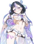  1girl bandaid bangs black_hair blue_eyes blush breasts coat covered_nipples crop_top crossed_bandaids earrings erect_clitoris goddess_of_victory:_nikke grabbing_own_breast grin hair_ribbon highres jewelry leg_tattoo long_sleeves looking_at_viewer mole mole_under_eye multicolored_eyes multicolored_hair navel niko_(tama) open_clothes open_coat panties purple_eyes purple_hair ribbon short_hair simple_background skirt small_breasts smile solo streaked_hair syuen_(nikke) tattoo underwear white_background white_panties 