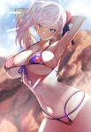  1girl absurdres american_flag_bikini armpits arms_behind_head arms_up bangs bare_shoulders bikini blue_eyes blush breasts bun_cover choker cleavage collarbone fate/grand_order fate_(series) flag_print hair_bun hair_ribbon highres large_breasts long_hair looking_at_viewer miyamoto_musashi_(fate) miyamoto_musashi_(swimsuit_berserker)_(fate) miyamoto_musashi_(swimsuit_berserker)_(second_ascension)_(fate) navel pink_hair ribbon sanazura_hiroyuki single_side_bun smile solo swept_bangs swimsuit thighs 