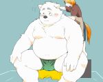  2022 anthro belly big_belly blush bulge canid canine canis clothing domestic_dog duo hi_res humanoid_hands inunoshippo kemono male mammal moobs overweight overweight_male sitting size_difference underwear 