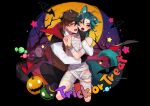  2boys animal_ears bandaid bangs black_cape black_pants brown_hair brown_vest candy_apple cape food fox_ears fox_tail genshin_impact green_hair green_tail hair_between_eyes hat highres jack-o&#039;-lantern jewelry kh66gs long_hair long_sleeves male_focus multicolored_hair multiple_boys mummy mummy_costume open_mouth pants short_hair tail trick_or_treat vampire vampire_costume vest witch_hat xiao_(genshin_impact) yaoi yellow_eyes zhongli_(genshin_impact) 