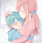  1boy 1girl age_difference ahoge aqua_hair blue_hoodie blue_scrunchie blush breast_pillow breasts closed_eyes cuddling hair_between_eyes hair_ornament hair_scrunchie hand_on_another&#039;s_head head_on_chest hetero hood hoodie hug kiss kissing_forehead long_hair medium_breasts on_bed onee-shota open_mouth original os_(os_fresa) pillow pink_hair pink_hoodie pointy_ears ponytail scrunchie short_hair sidelocks sleeping sleeves_past_wrists translation_request twitter_username upper_body 