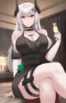  1girl absurdres arknights bed black_choker black_dress breasts choker cleavage crossed_legs cup curtains dress drinking_glass from_below grey_hair halter_dress halterneck highres holding holding_cup horns kanta_(kanta_077) large_breasts long_hair looking_at_viewer mudrock_(arknights) mudrock_(obsidian)_(arknights) pointy_ears red_eyes sitting solo thigh_pouch thigh_strap thighs 
