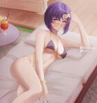  1girl :o alternate_costume ass bare_shoulders bed_sheet bikini blue_bikini blue_eyes blue_hair blue_nails breasts catria_(fire_emblem) cleavage collarbone cup fire_emblem fire_emblem:_mystery_of_the_emblem fire_emblem:_shadow_dragon_and_the_blade_of_light front-tie_bikini_top front-tie_top highres johncgz large_breasts looking_at_viewer lying nail_polish on_bed on_side purple_bikini purple_nails short_hair side-tie_bikini_bottom solo string_bikini sunglasses swimsuit tinted_eyewear twitter_username underboob yellow-framed_eyewear 