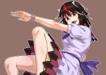  1girl black_hair brown_background dress horns kakone kijin_seija looking_at_viewer multicolored_hair open_mouth pointy_ears red_eyes red_hair short_hair short_sleeves simple_background solo streaked_hair touhou white_dress white_hair wristband 