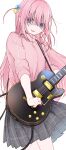  1girl blue_eyes bocchi_the_rock! cowboy_shot cube_hair_ornament electric_guitar gibson_les_paul gloom_(expression) gotou_hitori grey_skirt guitar hair_between_eyes hair_cubes hair_ornament highres holding holding_instrument holding_plectrum instrument jacket kirisawa_saki long_hair nervous_smile one_side_up pink_hair pink_jacket pleated_skirt plectrum simple_background skirt sleeves_rolled_up smile solo sweat track_jacket white_background 