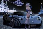  1girl absurdres azur_lane bangs blue_footwear blue_hair breasts car chapayev_(azur_lane) cleavage elbow_gloves flag gloves ground_vehicle hat high_heels highres kcar66t large_breasts light_blue_hair looking_at_viewer motor_vehicle navel night parted_lips purple_eyes race_queen short_hair sideboob solo standing thighhighs white_thighhighs 